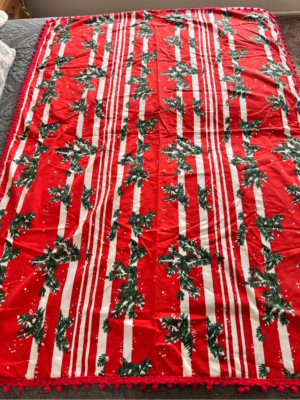 Vintage Christmas Tablecloth 65x50 Red White Pine Branches Pom Pom Trim Holiday